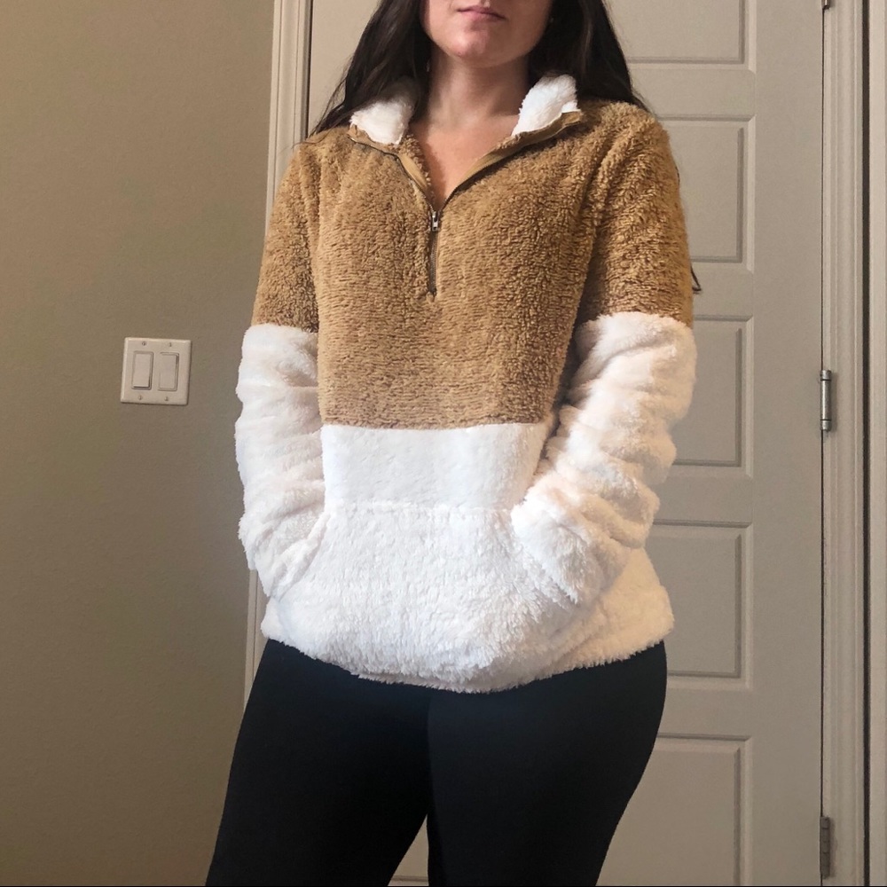 Tan & Cream Two Tone Sherpa 1/4 Zip Pullover - Picture 3 of 8